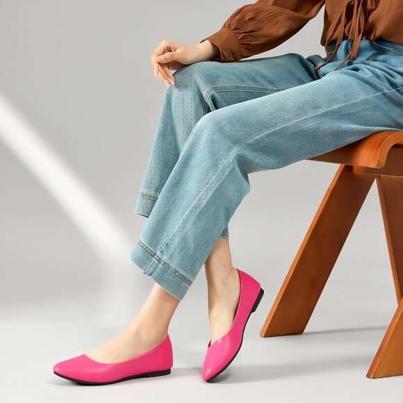 Women's Rose Red PU Leather Closed Toe Slip on Comfortable Ballet Flats Shoes - Picture 8 of 9